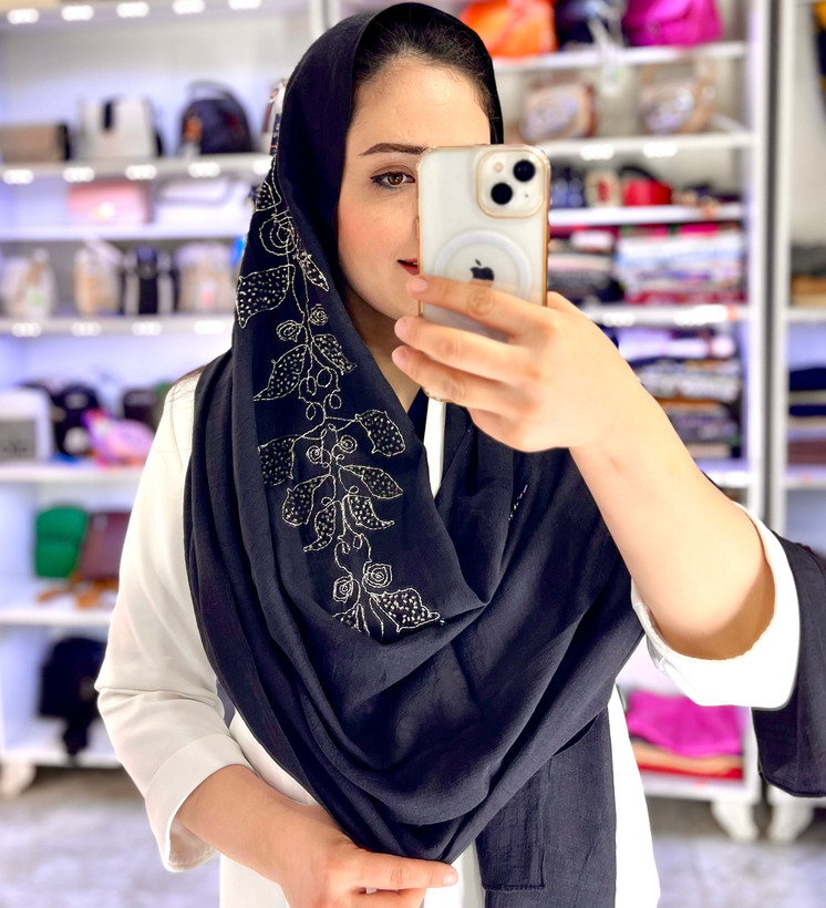 شال مجلسی ملیله دوزی وجواهر دوزی کار دست رنگ مشکی