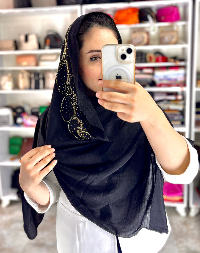 شال مجلسی ملیله دوزی وجواهر دوزی کار دست رنگ مشکی